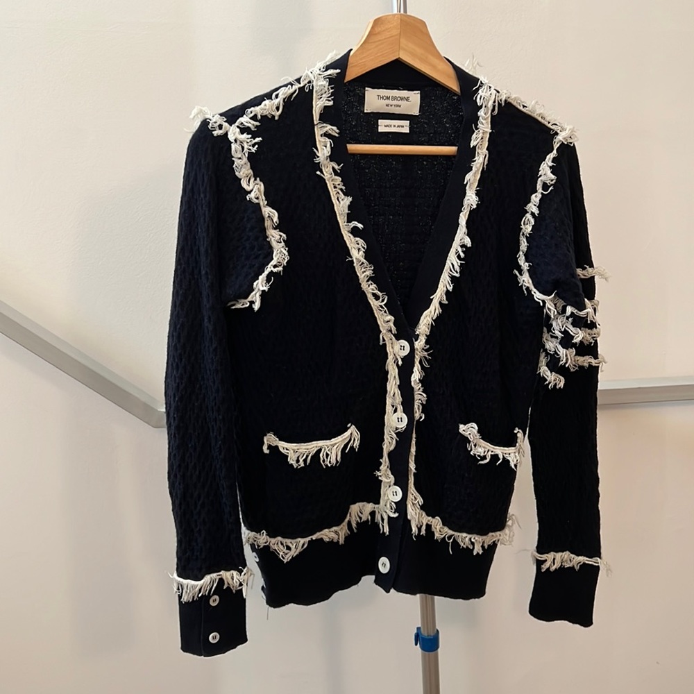 Thom Browne Navy Wool Cardigan with White Fray Men’s size 0, good for women